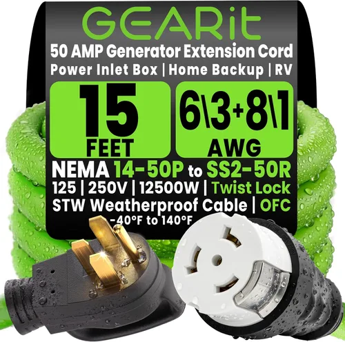 GEARit - Cable generador de 50 amperios de 15 pies, NEMA 14-50P a SS2-50R, cable de extensión para generador de bloqueo giratorio, STW 6/3+8/1 AWG