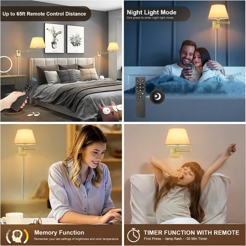 Miniatura 4 de TRLIFE Aplique de pared regulable con control remoto, temperatura de color ajustable de 2700K a 6500K, luces de pared con brazo oscilante de latón