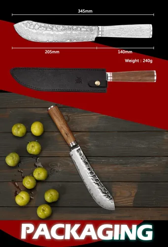 Miniatura 5 de YOUSUNLONG Cuchillo de carnicero japonés martillado de acero de Damasco de 8 pulgadas, mango de madera de nogal natural