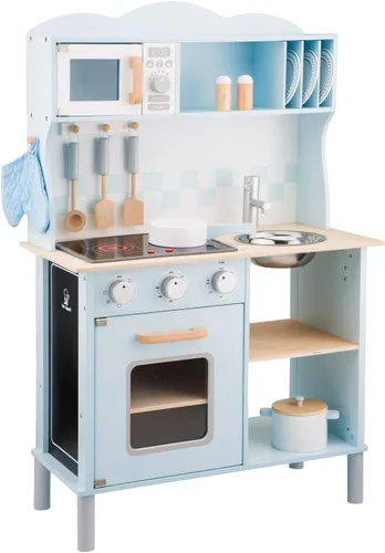 Nuevos juguetes clásicos de madera azul juego de simulación cocina para niños con juego de roles Bon Appetit Cocina eléctrica incluidos Accesorios