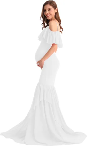 Miniatura 40 de MYRISAM Vestido de maternidad con volantes y hombros descubiertos para mujer, vestido de fiesta de sirena de gasa, vestido ajustado
