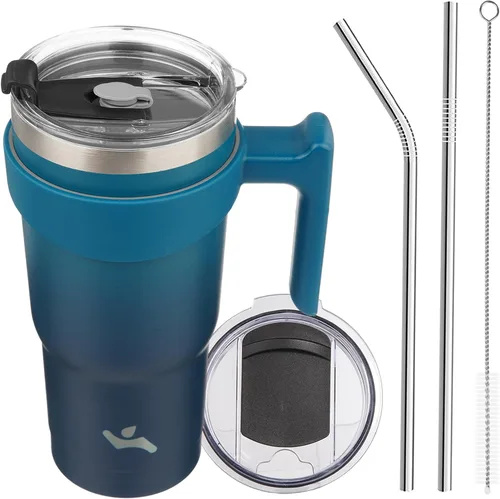 Miniatura 36 de Konokyo - Vaso de 10 onzas con asa y 2 popotes, 2 tapas, botella de agua aislada de acero inoxidable, taza de viaje reutilizable, color verde militar