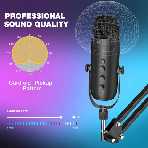 Miniatura 3 de ZealSound Micrófono de podcast con brazo de brazo, micrófono USB con reducción de ruido, silencio, eco y control de volumen, monitoreo de latencia