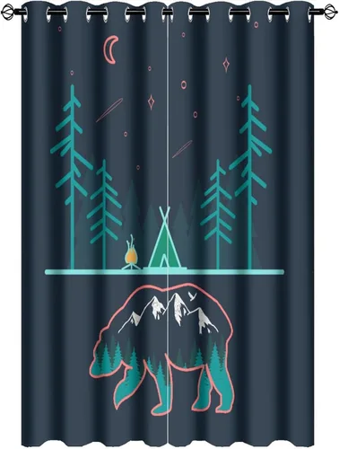Cortinas abstractas con estampado de cámper de caricaturas, divertido tema de aventura, campamento, montañas, vida silvestre, oso, tratamiento de