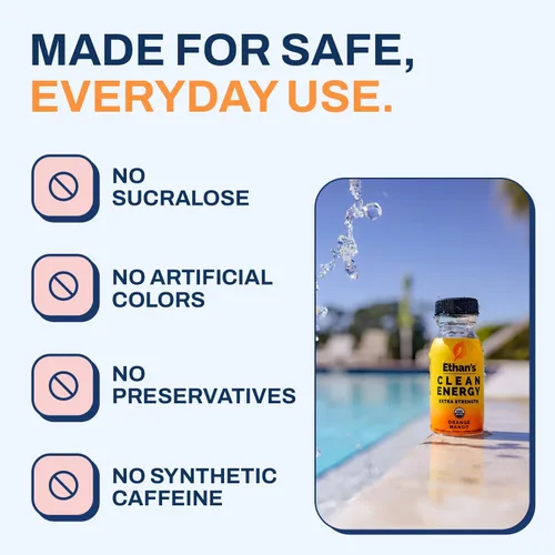 Miniatura 5 de Ethan's Organic Clean Energy Shots Orange Mango, sin azúcar, natural preentrenamiento, refuerzo de concentración sin gluten, vegano, vitamina C B6