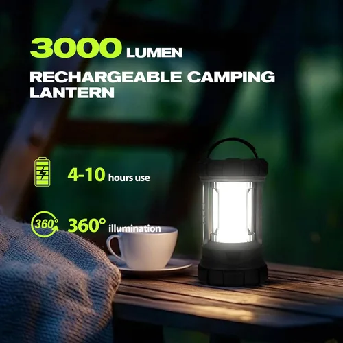 Miniatura 6 de elesall Linterna de campamento, linterna LED recargable de 3000 lúmenes, 5 modos de luz, linterna impermeable COB, luz de campamento para cortes