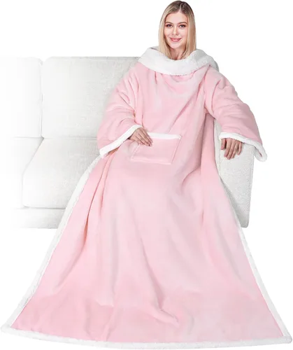 Miniatura 14 de PAVILIA Manta de forro polar con mangas para mujeres y hombres adultos, manta portátil cálida y suave, acogedora con bolsillo para abrazarse, manta