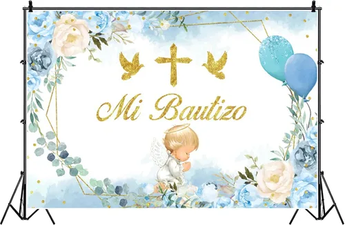 Miniatura 3 de Telón de fondo de bautismo, 7 x 5 pies, diseño de hojas de eucalipto florales azules y rosas, fondo de fotografía con tema de ángel, decoración