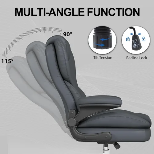 Miniatura 9 de Hovos Silla de oficina, ergonómica grande y alta silla de cuero de escritorio con brazos abatibles acolchados, bloqueo de inclinación ajustable, Gris