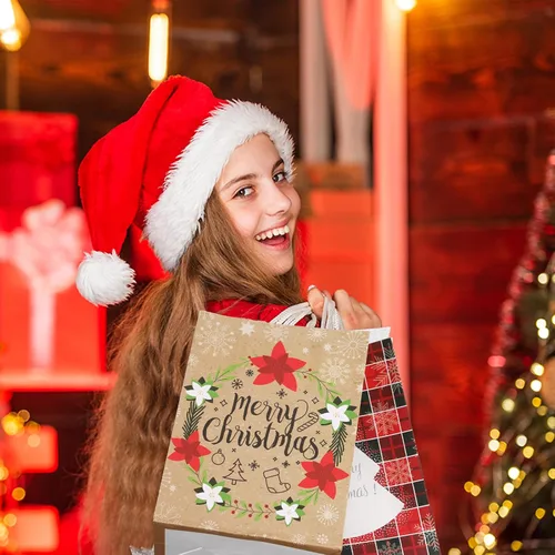 Miniatura 5 de Resholder 48 Piezas Bolsas de Papel Kraft de Regalo de Navidad a Granel con Asas Bolsas de Dulces Navideñas Reutilizables para Regalos Suministros