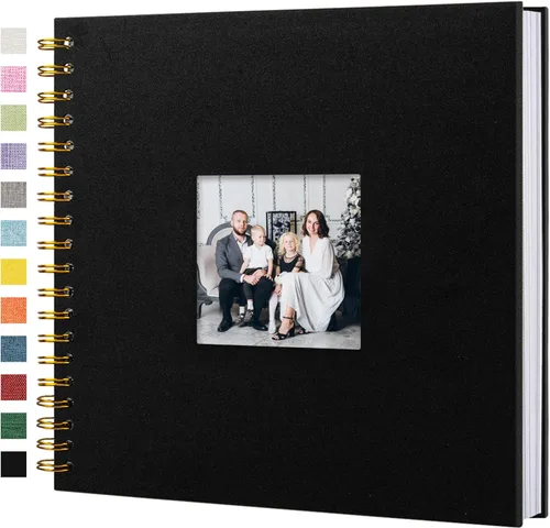 Miniatura 29 de Álbum de recortes de fotos, cubierta de lino, 8 x 8 pulgadas, tapa dura, libro de recuerdos de papel kraft blanco, para viajes, bodas, libro de Negro