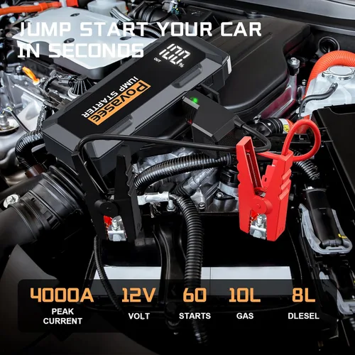 Miniatura 2 de Povasee Arrancador de 4000 amperios, arrancador de batería de 12 voltios (10L de gasolina, motor diésel de 10L), arrancador de batería de coche