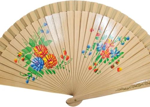 CLGIFT - Abanico floral vintage español plegable de doble cara, abanico de madera con flores para decoración de bodas, fiestas y bailes (color beige)