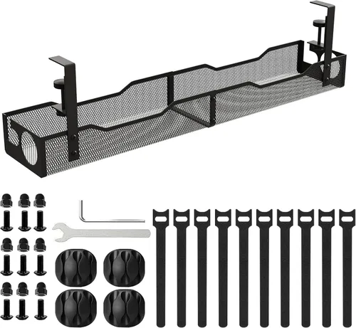Organizador de cables para debajo del escritorio, 26 pulgadas, organizador de cables de metal, sin taladro, organizador de cables para escritorio de