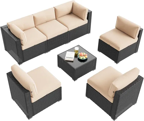 Miniatura 9 de Aoxun Juego de muebles de patio, 7 piezas de sofás seccionales para exteriores con funda impermeable, mimbre de ratán para exteriores, juego