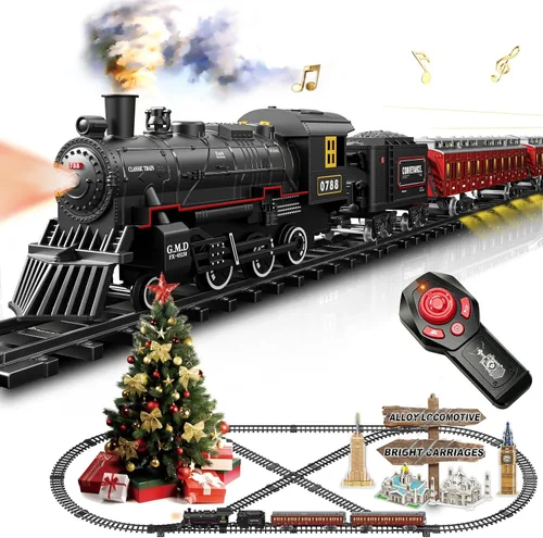 Miniatura 12 de Juego de tren para niños con control remoto, juguetes de tren con locomotora de vapor, tanque de combustible y pistas de lujo, trenes eléctricos