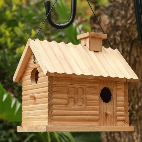 Miniatura 2 de STARSWR Casa de pájaros en el exterior, casas para pájaros al aire libre, cabaña de madera natural para pájaros, 2 agujeros, pinzón azul