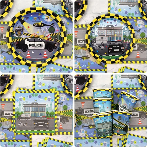 Miniatura 4 de KEFAN Decoraciones de fiesta de cumpleaños de policía, suministros de vajilla para fiestas temáticas de policía, incluyendo telón de fondo de feliz