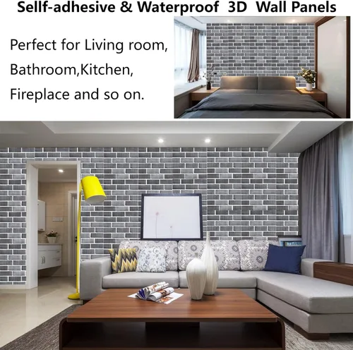 Miniatura 5 de Paneles de Pared 3D Despegar y Pegar, Papel Tapiz de Ladrillo 3D Despegar y Pegar, Paquete de 10 Paneles de Pared Autoadhesivos de Piedra PVC Gris