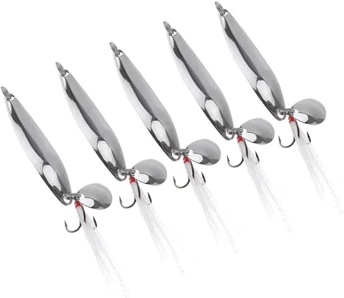 Miniatura 6 de Kit de pesca de señuelos de cucharas de 5 piezas, cebos giratorios de metal con ganchos agudos para lubina salmón