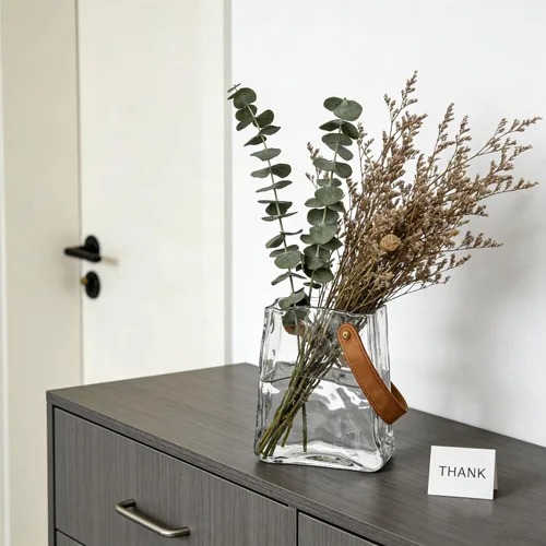 Miniatura 5 de Noamus Jarrón de cristal para flores, jarrones únicos con asa de cuero, florero decorativo con forma de bolso antiarrugas, cuenco de pescado