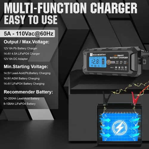Miniatura 6 de ECO-WORTHY Cargador de batería inteligente automático de 12V 5A y pantalla LCD del mantenedor para la batería de plomo ácido y litio (LiFePO4)