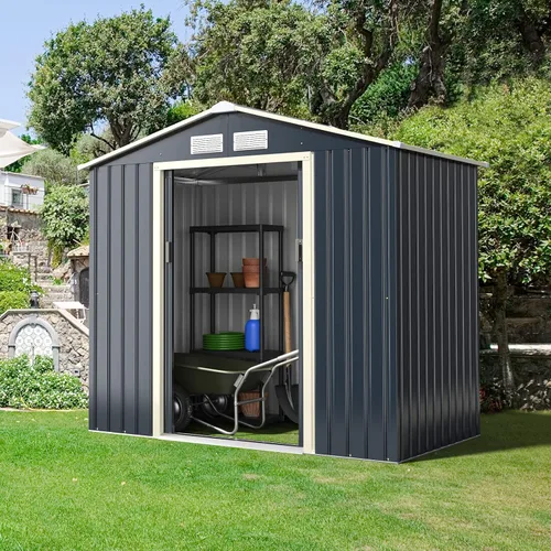 Goplus Cobertizo de almacenamiento al aire libre, cobertizo de jardín de metal de 7 x 4 pies con 4 rejillas de ventilación y puerta corredera doble,