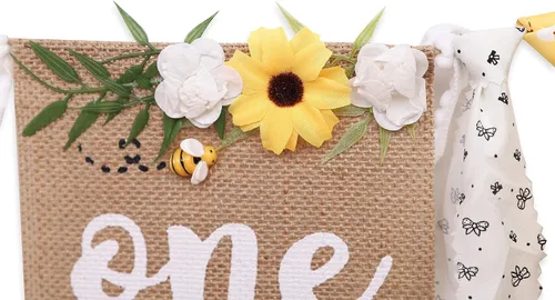 Miniatura 8 de OTURGC Cartel de primer cumpleaños para silla alta con temática de abeja, patrón multicolor de abeja y flores, cartel rectangular de lino de 80 x