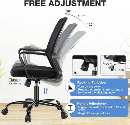 Miniatura 6 de Silla de oficina ergonómica, silla de oficina con respaldo medio, silla de escritorio de oficina con ruedas, silla de computadora con soporte