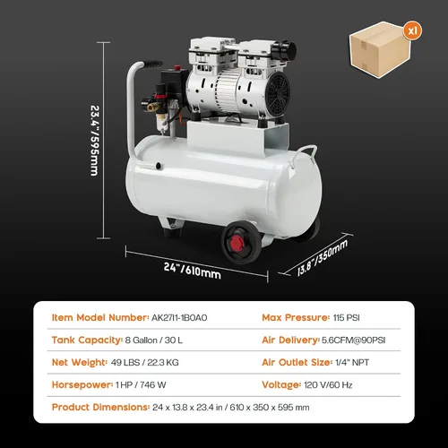 Miniatura 2 de Albott Compresor de aire de 8 galones con válvula de drenaje automática, tanque de compresor de aire sin aceite de 1.0 HP con ruedas, nivel de ruido