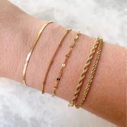 Miniatura 7 de LEXODY Pulseras de oro para mujer, juego de pulseras de espiga de oro de 14 quilates, delicadas joyas de espiga apilables, cadena fígaro, cadena