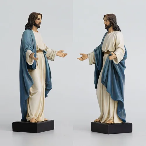 Miniatura 5 de Estatua de Jesús de 12 pulgadas con brazos abiertos, figura de Jesucristo pintada a mano en túnica azul, escultura religiosa de resina realista