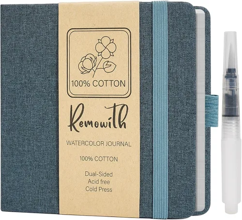 Cuaderno de bocetos de acuarela, 5.5" x 5.5" Libros de bocetos para artistas, cuaderno de papel de acuarela de algodón, cubierta de lino con pluma