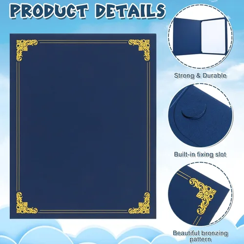 Miniatura 4 de Soportes para certificados, paquete de 12 soportes para diploma azul marino con borde de lámina dorada, cubiertas para certificados de 8.5 x 11