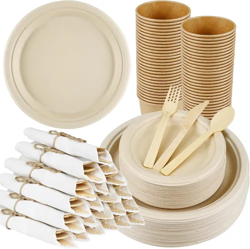Miniatura 9 de Juego de servilletas y cubiertos de bambú preenrollados, paquete de 100 utensilios de bambú/cubiertos compostables