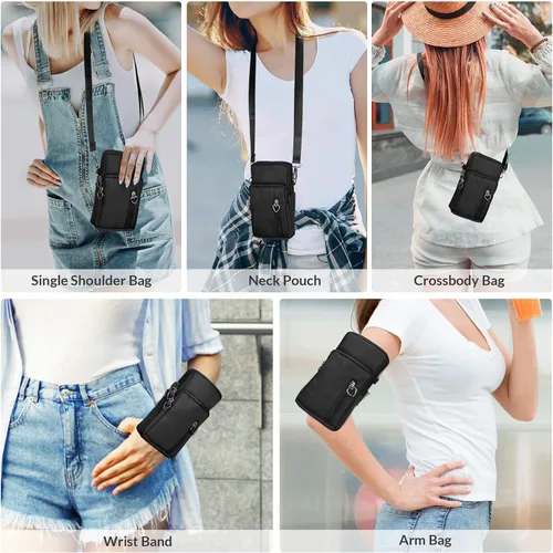Miniatura 2 de Bolso cruzado de nailon para mujer para viaje, bolso de hombro para teléfono celular con pulsera, brazalete deportivo, cartera para teléfono Negro