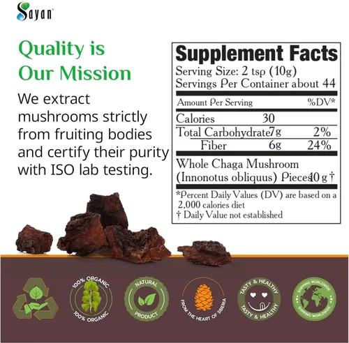 Miniatura 6 de Sayan Siberian - Trozos de hongo chaga puro crudo con corteza superior negra de 16 onzas / 1 libra, té antioxidante cosechado silvestre prémium