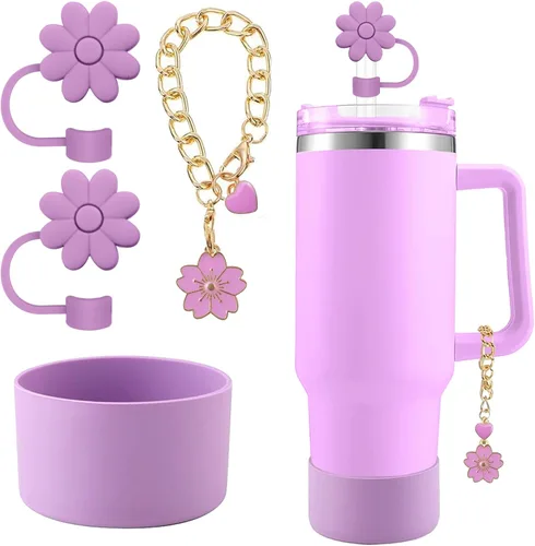 Miniatura 8 de Accesorios para juego de tazas Stanley, 2 tapas de paja de flores reutilizables de 0.394 pulgadas (0.394 in), 1 dije de mango lindo y 1 funda