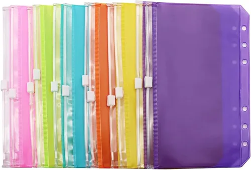 Miniatura 12 de Bolsillos para carpeta A5, color rosa, 12 unidades, con cremallera, bolsas de hojas sueltas, 6 agujeros, organizador de cremallera de PVC, carpeta