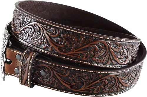 Miniatura 4 de ARIAT Cinturón de cuero en relieve floral para hombre con hebilla de vaquero plateada envejecida
