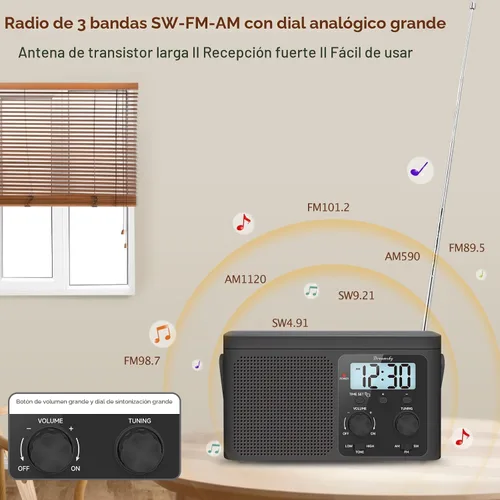 Miniatura 2 de DreamSky Radio AM FM Portátil - Radio de Onda Corta a Batería o Enchufe de Pared para Casa al Aire Libre, Fuerte Recepción, Dial Grande Fácil