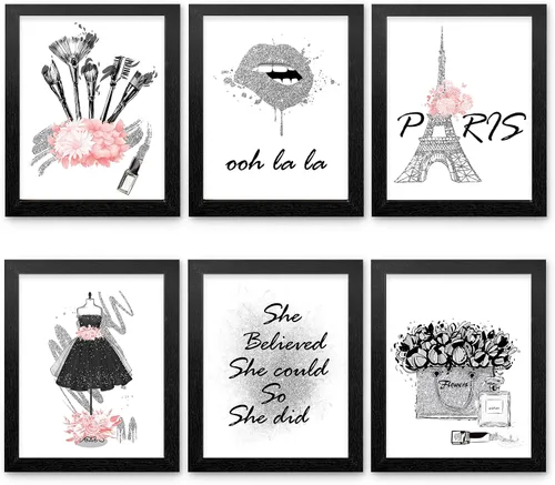 Miniatura 18 de HoozGee Juego de 6 pósteres enmarcados de maquillaje de moda, decoración de pared con marco de París, impresiones artísticas de pared
