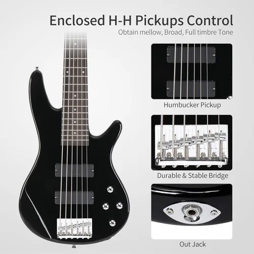 Miniatura 3 de Ktaxon Guitarra eléctrica de bajo de 6 cuerdas con cuello de arce secado al aire naturalmente, diapasón de palisandro y cuerpo de tilo