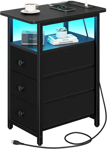 Yoobure Mesa Auxiliar con Estación de Carga, Mesa Auxiliar Estrecha LED para Cama, Mesa Nocturna Pequeña para Sala de Estar, Mesita de Noche delgada