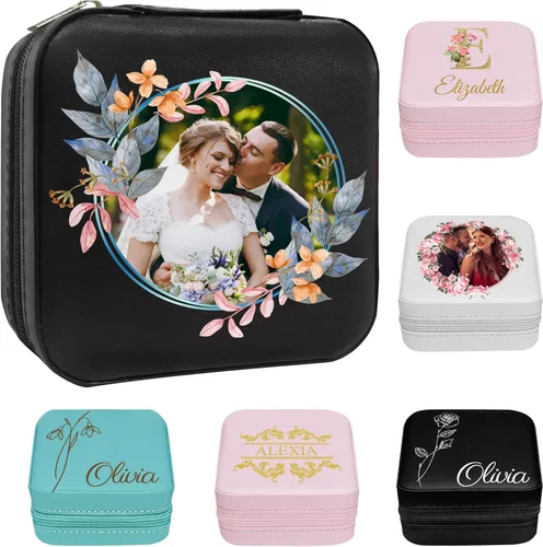 Miniatura 7 de Joyero personalizado para regalos de dama de honor, flor de nacimiento, inicial, joyería de viaje personalizada para mujeres, organizador de joyas