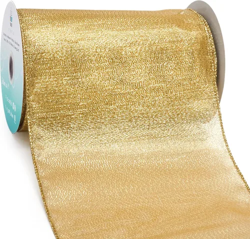 Miniatura 22 de Cinta con alambre metálica dorada champán de 2.5 pulgadas x 10 yardas para decoración del hogar de Navidad, lazo para decoración de árbol, envoltura