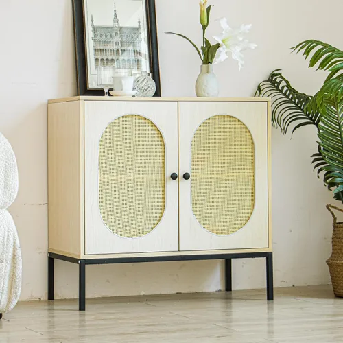 Dolonm Armario de almacenamiento, aparador de madera con puertas ovaladas de ratán, armario de licor de bar, organizador de piso decorativo para