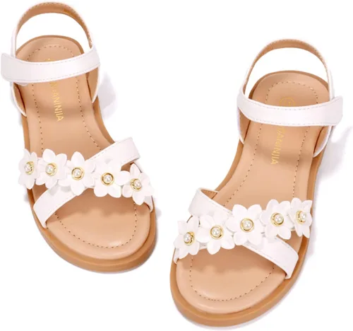 PANDANINJIA Elva - Sandalias para niñas con puntera abierta, bonitas, planas, sandalias de vestir con tiras cruzadas, zapatos de verano para niños