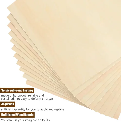 Miniatura 3 de Paquete de 36 hojas de madera contrachapada de tilo de 1/8 pulgadas, tableros de madera sin terminar para manualidades para proyectos láser