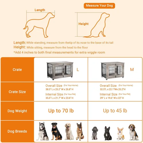 Miniatura 8 de Lulive Muebles de Jaula Grande para Perros, Mesa Auxiliar de Jaula para Perros de Madera de 38'', Perrera para Perros de Doble Puerta